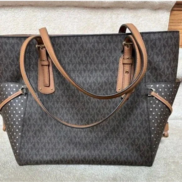 MICHAEL KORS VOYAGER 30H7GV6T1V BRN/ACORN EWSIGNATURE TOTE NWT